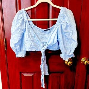 Nasty Gal Collection Light Blue Puff Sleeve Cropped  Top